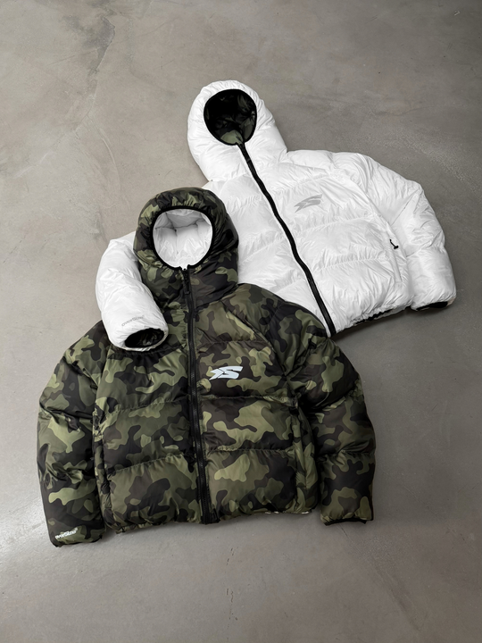 OVER5IZE "DUO" REVERSIBLE PUFFER JACKET CAMO & WHITE