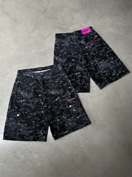 OVER5IZE "pixel" DIGITAL CAMO JORTS BLACK