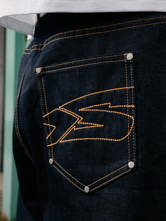 OVER5IZE "struct" RAW DENIM JORTS BLUE