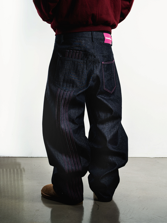 OVER5IZE “stripy” DUAL FIT RAW DENIM JEANS BLUE