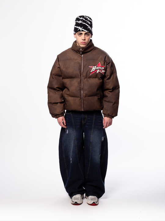 OVER5IZE "wintry" LEATHER PUFFER JACKET BROWN