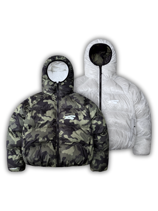 OVER5IZE "DUO" REVERSIBLE PUFFER JACKET CAMO & WHITE