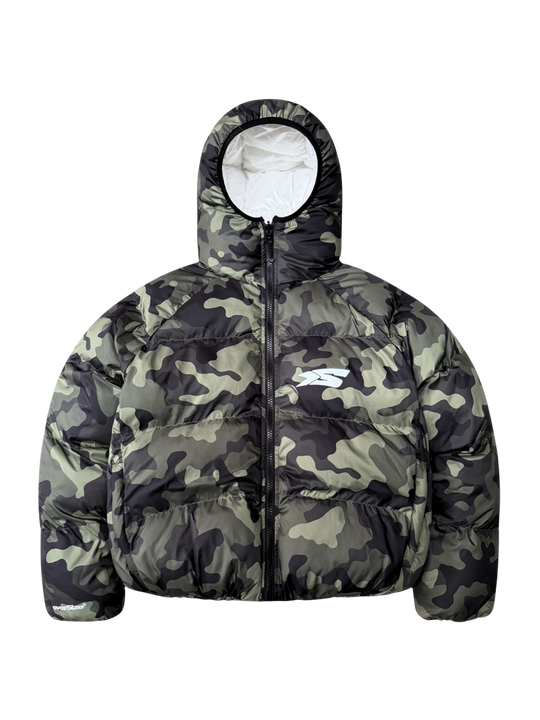 OVER5IZE "DUO" REVERSIBLE PUFFER JACKET CAMO & WHITE