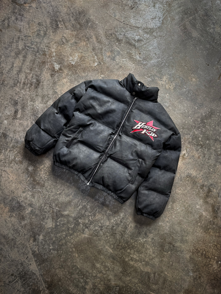 OVER5IZE "wintry" LEATHER PUFFER JACKET BLACK CEMENT